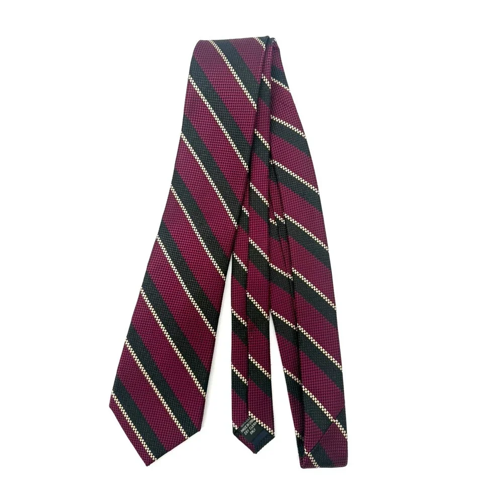 Tom James Tie Silk Burgundy Black White Striped Textured Woven Grid Necktie